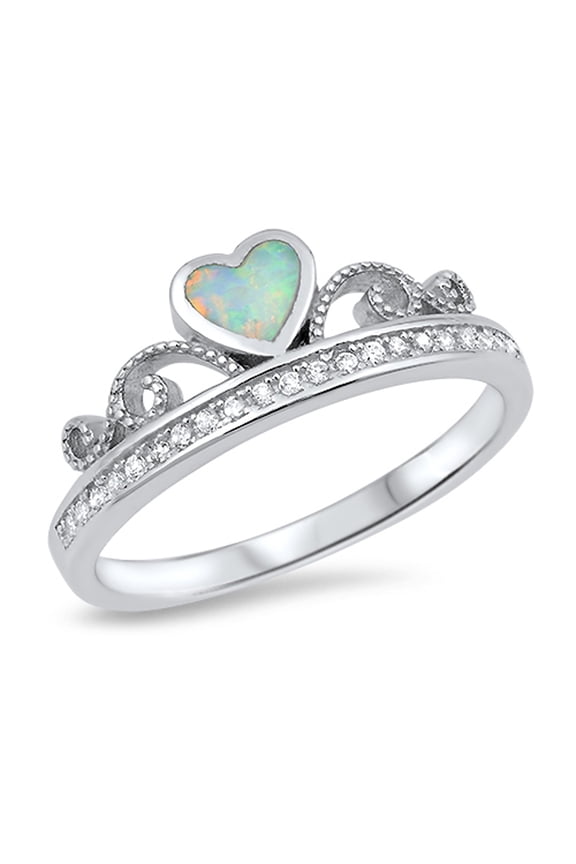 CHOOSE YOUR COLOR White Simulated Opal Heart Tiara Crown Promise Ring Sterling Silver Band CZ Female Size 6