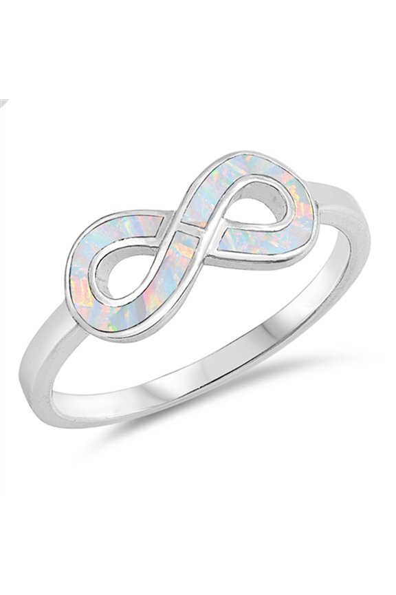 CHOOSE YOUR COLOR White Simulated Opal Infinity Sign Symbol Ring .925 Sterling Silver Band CZ Female Size 5