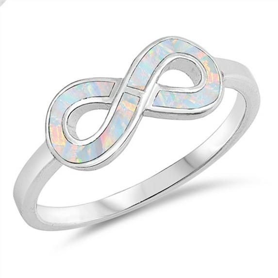 CHOOSE YOUR COLOR White Simulated Opal Infinity Sign Symbol Ring .925 Sterling Silver Band CZ Female Size 9