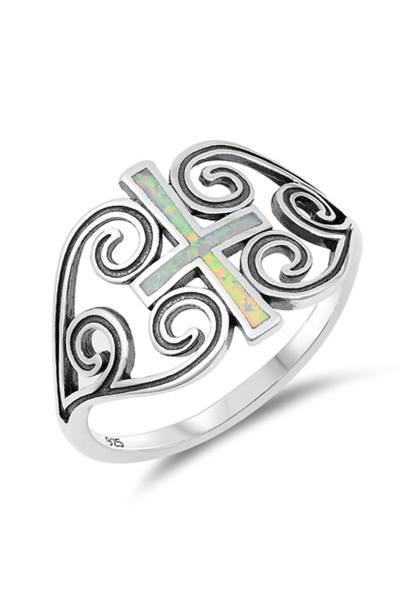 CHOOSE YOUR COLOR White Simulated Opal Large Cross Heart Swirl Ring .925 Sterling Silver Band CZ Female Size 7