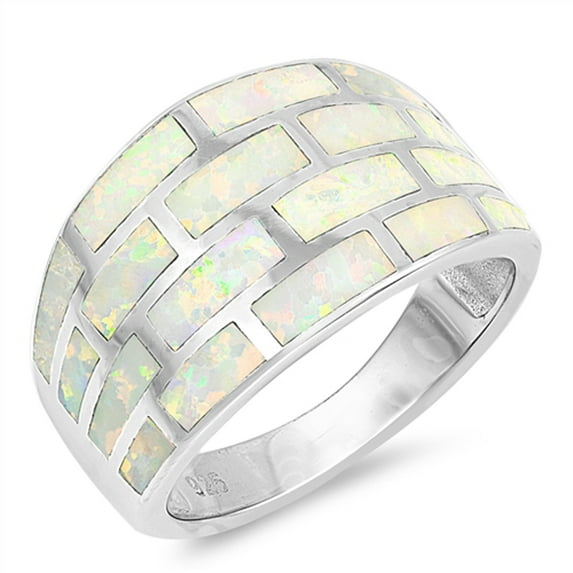 CHOOSE YOUR COLOR White Simulated Opal Large Wide Rectangle Grid Ring Sterling Silver Band CZ Female Size 9