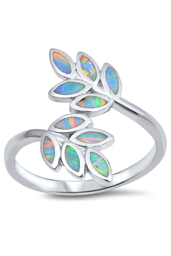 CHOOSE YOUR COLOR White Simulated Opal Leaf Branch Vine Tree Ring .925 Sterling Silver Band CZ Female Size 6