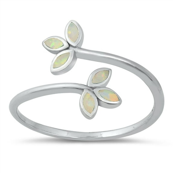 CHOOSE YOUR COLOR White Simulated Opal Leaves Ring Open Promise .925 Sterling Silver Band CZ Female Size 5