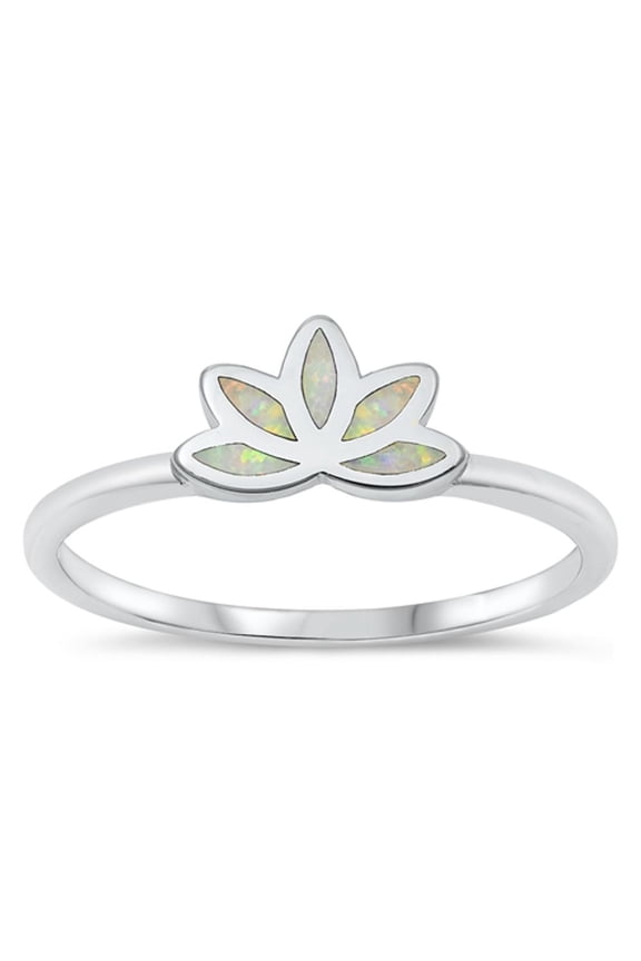 CHOOSE YOUR COLOR White Simulated Opal Lotus Flower Ring .925 Sterling Silver Band CZ Female Size 4