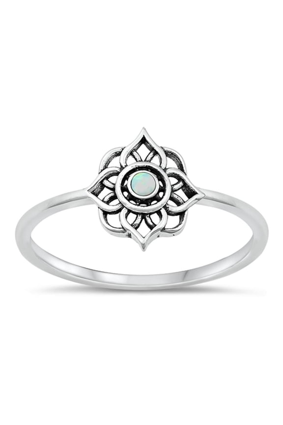 CHOOSE YOUR COLOR White Simulated Opal Lotus Mandala Ring .925 Sterling Silver Band CZ Female Size 10