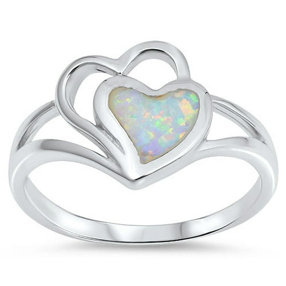CHOOSE YOUR COLOR White Simulated Opal Love Heart Promise Ring .925 Sterling Silver Band CZ Female Size 7