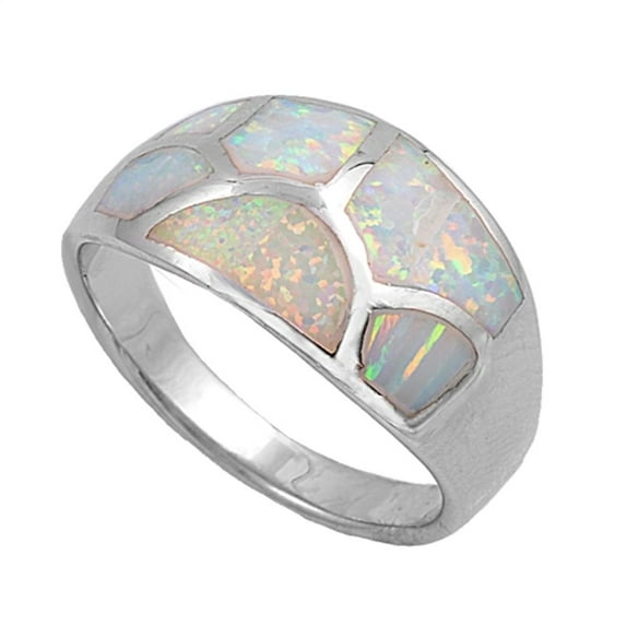 CHOOSE YOUR COLOR White Simulated Opal Mosaic Crack Wave Web Ring .925 Sterling Silver Band CZ Female Size 5