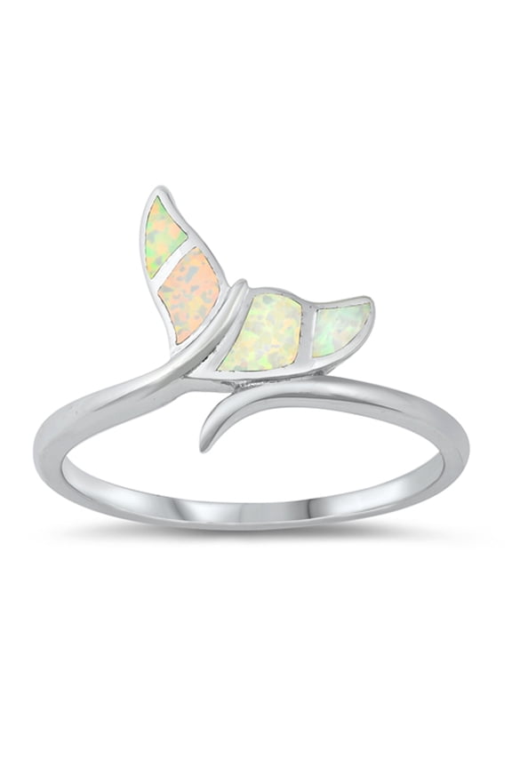CHOOSE YOUR COLOR White Simulated Opal Mosaic Whale Tail Sterling Silver Ring CZ Female Size 10