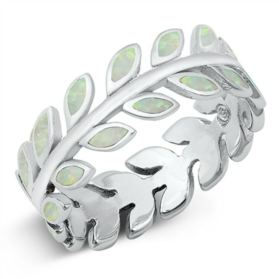 CHOOSE YOUR COLOR White Simulated Opal Nature Leaf Plant Ring .925 Sterling Silver Band CZ Female Size 8