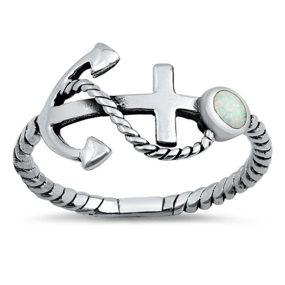 CHOOSE YOUR COLOR White Simulated Opal Nautical Anchor Rope Ring .925 Sterling Silver CZ Female Size 5