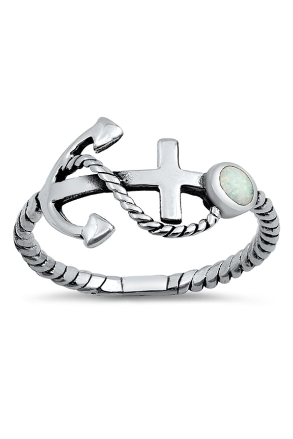 CHOOSE YOUR COLOR White Simulated Opal Nautical Anchor Rope Ring .925 Sterling Silver CZ Female Size 5