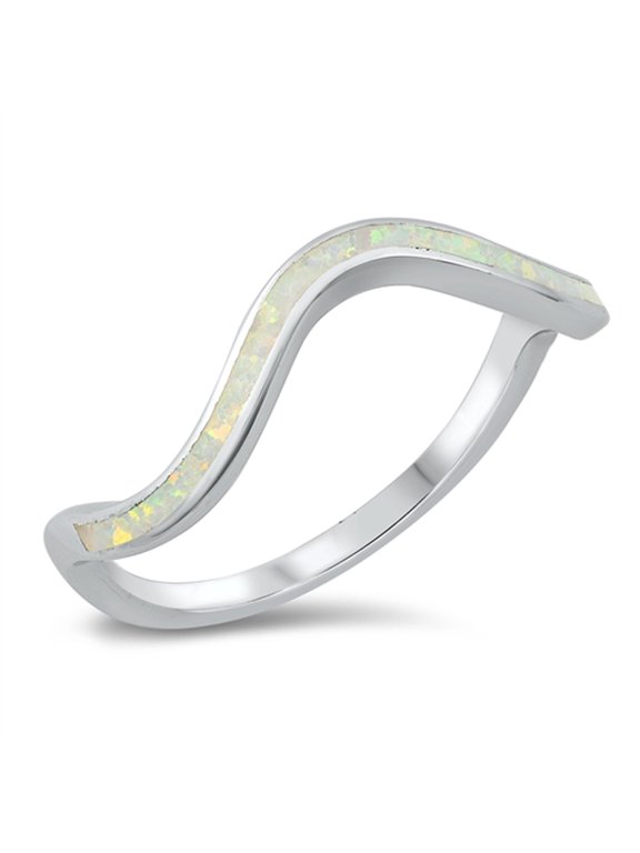 CHOOSE YOUR COLOR White Simulated Opal Ocean Wave Ring .925 Sterling Silver Band CZ Female Size 5