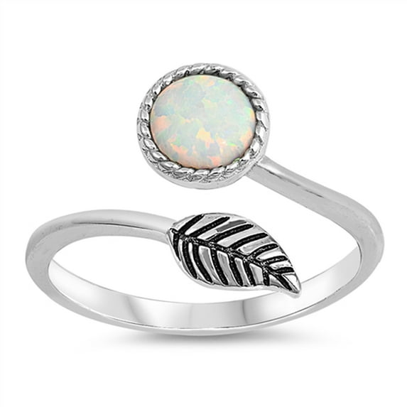 CHOOSE YOUR COLOR White Simulated Opal Open Knuckle Round Leaf Ring .925 Sterling Silver Band CZ Female Size 4