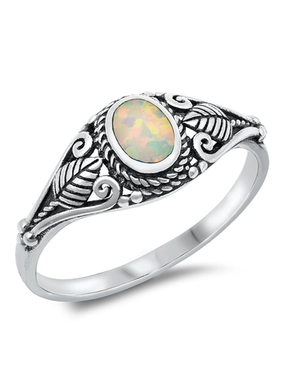 CHOOSE YOUR COLOR White Simulated Opal Ornate Nature Sterling Silver Ring Oval Rope CZ Female Size 9