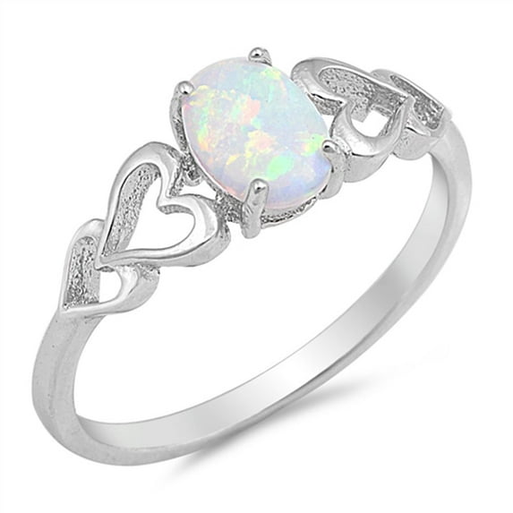 CHOOSE YOUR COLOR White Simulated Opal Oval Heart Cutout Promise Ring .925 Sterling Silver CZ Female Size 4