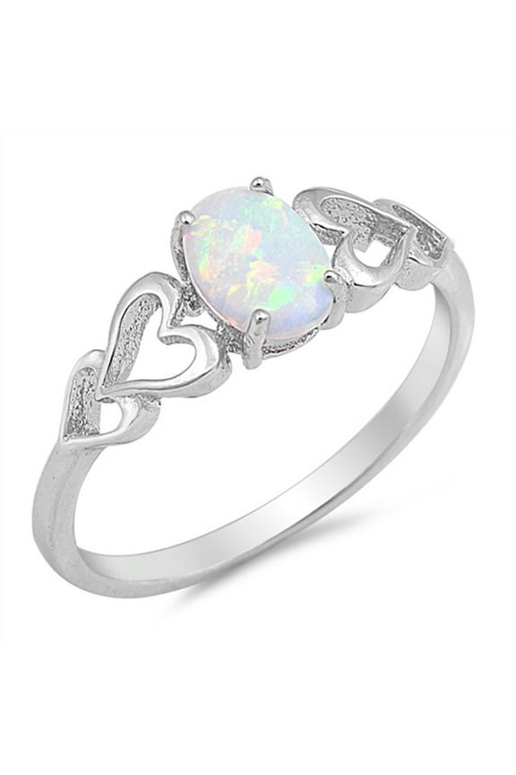 CHOOSE YOUR COLOR White Simulated Opal Oval Heart Cutout Promise Ring .925 Sterling Silver CZ Female Size 7