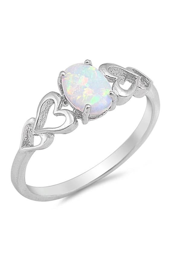 CHOOSE YOUR COLOR White Simulated Opal Oval Heart Cutout Promise Ring .925 Sterling Silver CZ Female Size 8