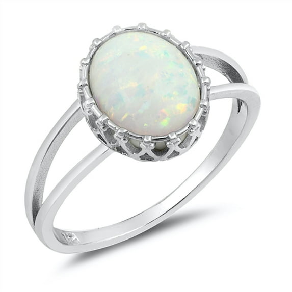 CHOOSE YOUR COLOR White Simulated Opal Oval Solitaire Raised Ring .925 Sterling Silver Band CZ Female Size 10