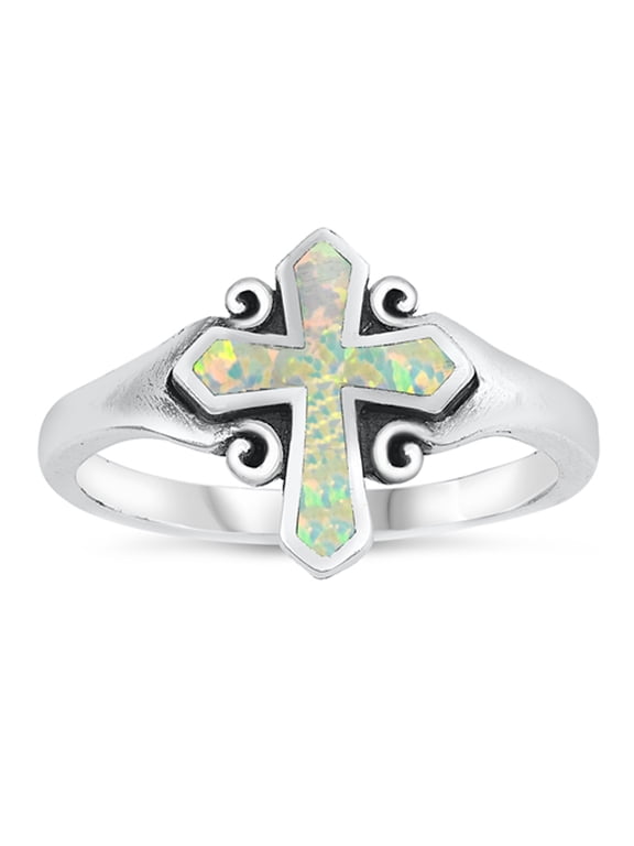 CHOOSE YOUR COLOR White Simulated Opal Oxidized Swirl Cross Ring 925 Sterling Silver Band CZ Female Size 7