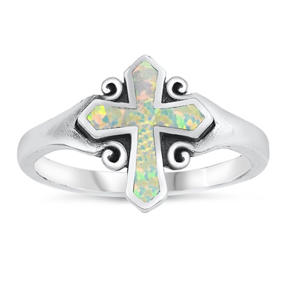 CHOOSE YOUR COLOR White Simulated Opal Oxidized Swirl Cross Ring 925 Sterling Silver Band CZ Female Size 9