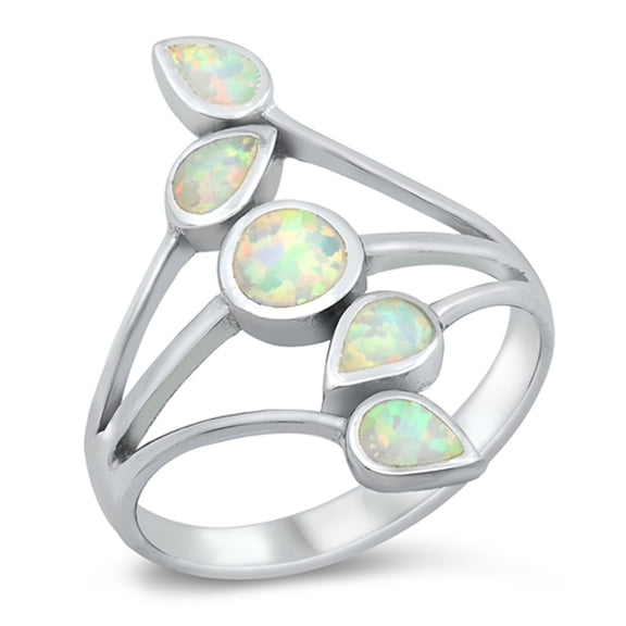 CHOOSE YOUR COLOR White Simulated Opal Peacock Feather Leaf Ring .925 Sterling Silver CZ Female Size 7