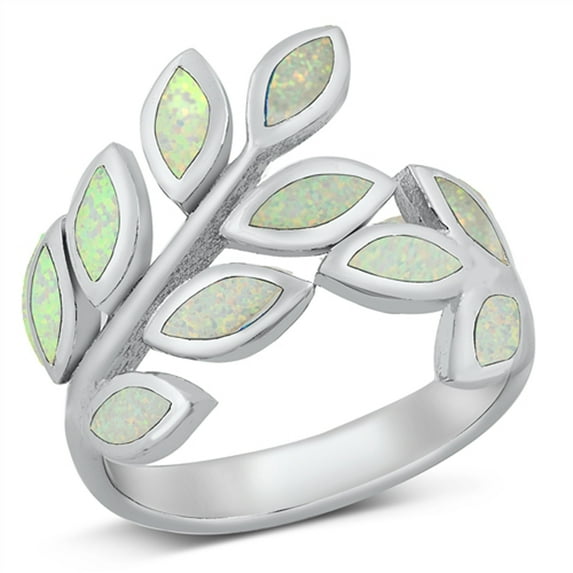 CHOOSE YOUR COLOR White Simulated Opal Plant Leaf Wrap Ring .925 Sterling Silver Band CZ Female Size 5