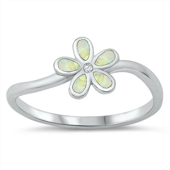 CHOOSE YOUR COLOR White Simulated Opal Plumeria Flower Ring .925 Sterling Silver CZ Female Size 8