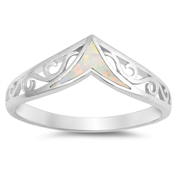 CHOOSE YOUR COLOR White Simulated Opal Pointed Filigree V Ring .925 Sterling Silver Band CZ Female Size 9