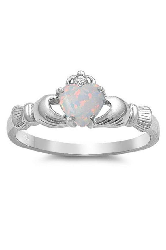 CHOOSE YOUR COLOR White Simulated Opal Promise Claddagh Ring .925 Sterling Silver Band CZ Female Size 8