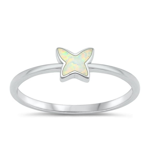 CHOOSE YOUR COLOR White Simulated Opal Promise Ring .925 Sterling Silver Butterfly Band CZ Female Size 5