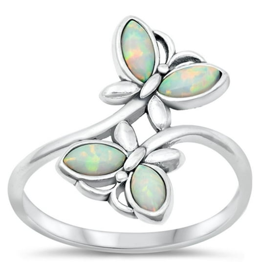 CHOOSE YOUR COLOR White Simulated Opal Promise Ring .925 Sterling Silver Butterfly Band CZ Female Size 9