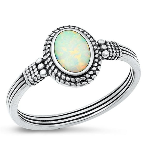 CHOOSE YOUR COLOR White Simulated Opal Promise Ring .925 Sterling Silver Ornate Bali Band CZ Female Size 5