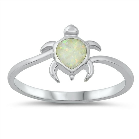 CHOOSE YOUR COLOR White Simulated Opal Promise Sea Turtle Ring .925 Sterling Silver Band CZ Female Size 6