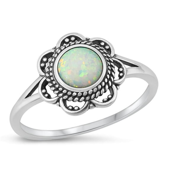 CHOOSE YOUR COLOR White Simulated Opal Ring .925 Sterling Silver Bali Style Flower Band CZ Female Size 6