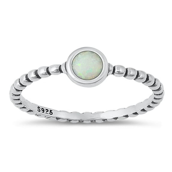 CHOOSE YOUR COLOR White Simulated Opal Ring .925 Sterling Silver Beaded Band CZ Female Size 6