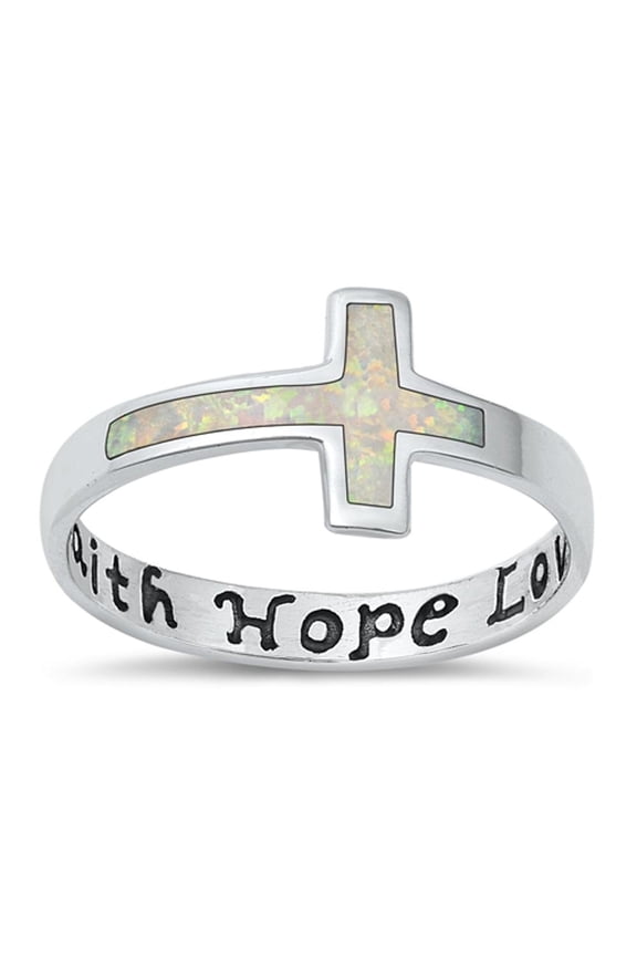 CHOOSE YOUR COLOR White Simulated Opal Ring .925 Sterling Silver Faith Hope Cross Band CZ Female Size 10