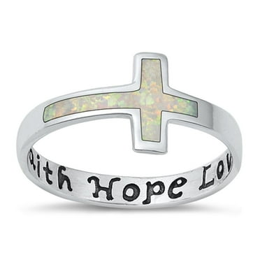 CHOOSE YOUR COLOR White Simulated Opal Ring .925 Sterling Silver Faith Hope Cross Band CZ Female Size 8