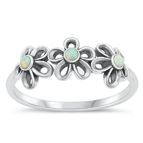 CHOOSE YOUR COLOR White Simulated Opal Ring .925 Sterling Silver Flower Band CZ Female Size 6