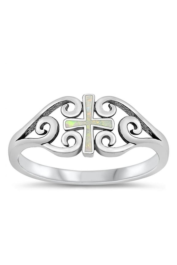 CHOOSE YOUR COLOR White Simulated Opal Ring .925 Sterling Silver Heart Cross Band CZ Female Size 10