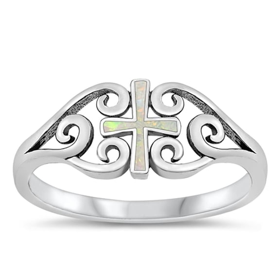 CHOOSE YOUR COLOR White Simulated Opal Ring .925 Sterling Silver Heart Cross Band CZ Female Size 6