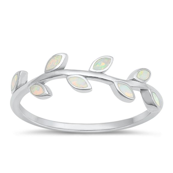 CHOOSE YOUR COLOR White Simulated Opal Ring .925 Sterling Silver Leaf Band CZ Female Size 5