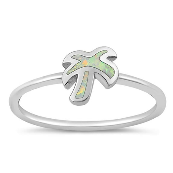 CHOOSE YOUR COLOR White Simulated Opal Ring .925 Sterling Silver Palm Tree Band CZ Female Size 9