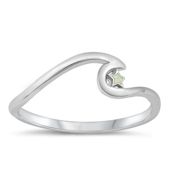 CHOOSE YOUR COLOR White Simulated Opal Ring .925 Sterling Silver Wave & Star Band CZ Female Size 9