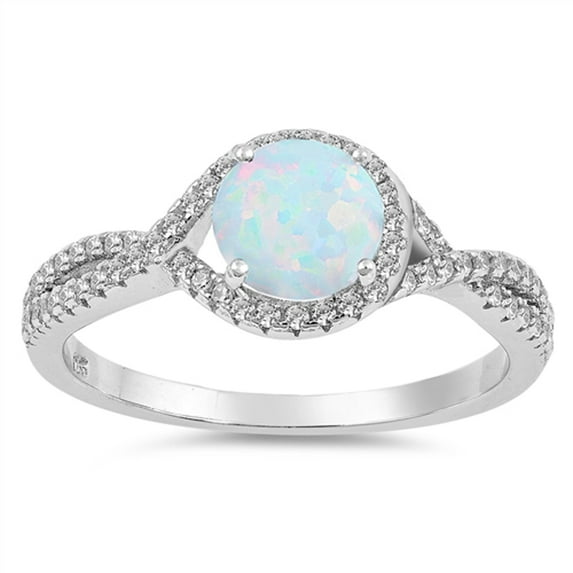 CHOOSE YOUR COLOR White Simulated Opal Round Halo Wedding Ring .925 Sterling Silver Band CZ Female Size 8