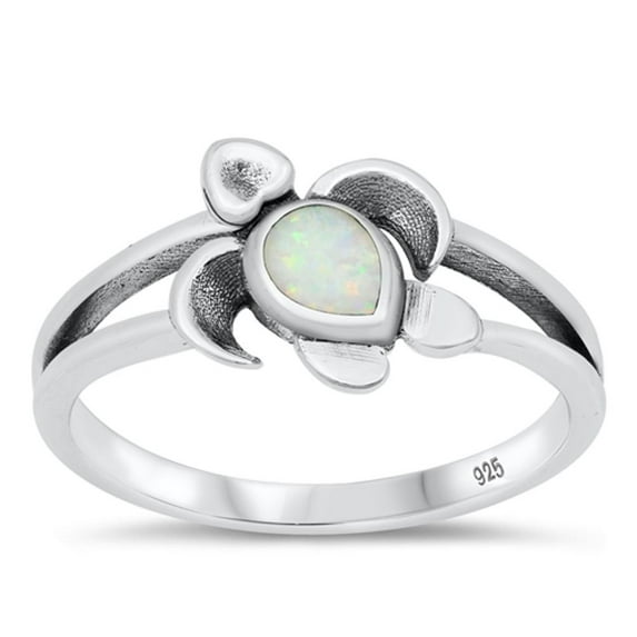 CHOOSE YOUR COLOR White Simulated Opal Sea Turtle Ring .925 Sterling Silver Band CZ Female Size 5