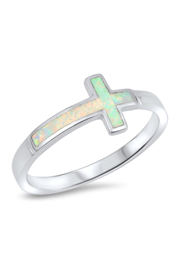 CHOOSE YOUR COLOR White Simulated Opal Sideways Cross Christ Ring .925 Sterling Silver Band CZ Female Size 6