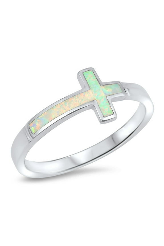 CHOOSE YOUR COLOR White Simulated Opal Sideways Cross Christ Ring .925 Sterling Silver Band CZ Female Size 7