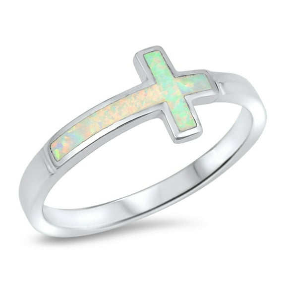CHOOSE YOUR COLOR White Simulated Opal Sideways Cross Christ Ring .925 Sterling Silver Band CZ Female Size 8