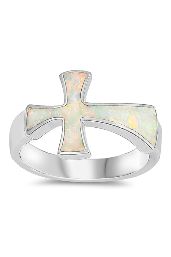 CHOOSE YOUR COLOR White Simulated Opal Sideways Cross Christian Ring 925 Sterling Silver Band CZ Female Size 10