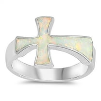 CHOOSE YOUR COLOR White Simulated Opal Sideways Cross Christian Ring 925 Sterling Silver Band CZ Female Size 6